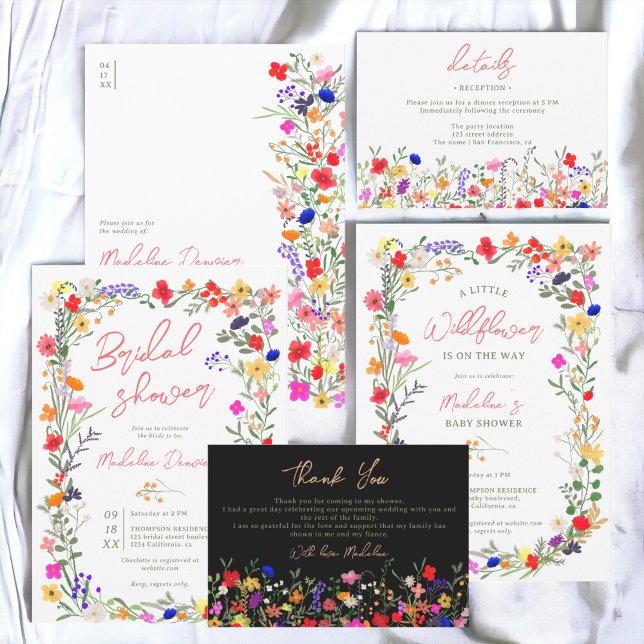 Modern chic boho bright wild flowers bridal shower invitation