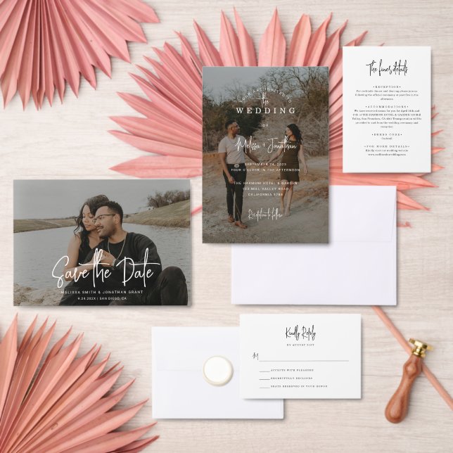 Elegant Minimalist Script Overlay photo Wedding  Invitation