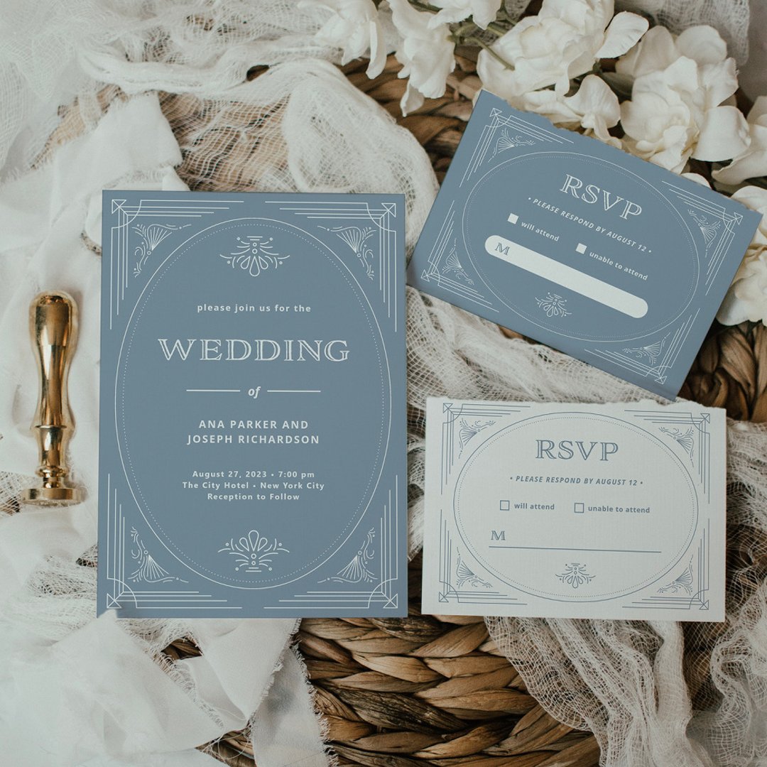 Modern Deco | Elegant Dusty Blue and White Wedding Invitation | Zazzle