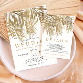 Modern chic gold palm tree navy blue wedding Tri-Fold invitation