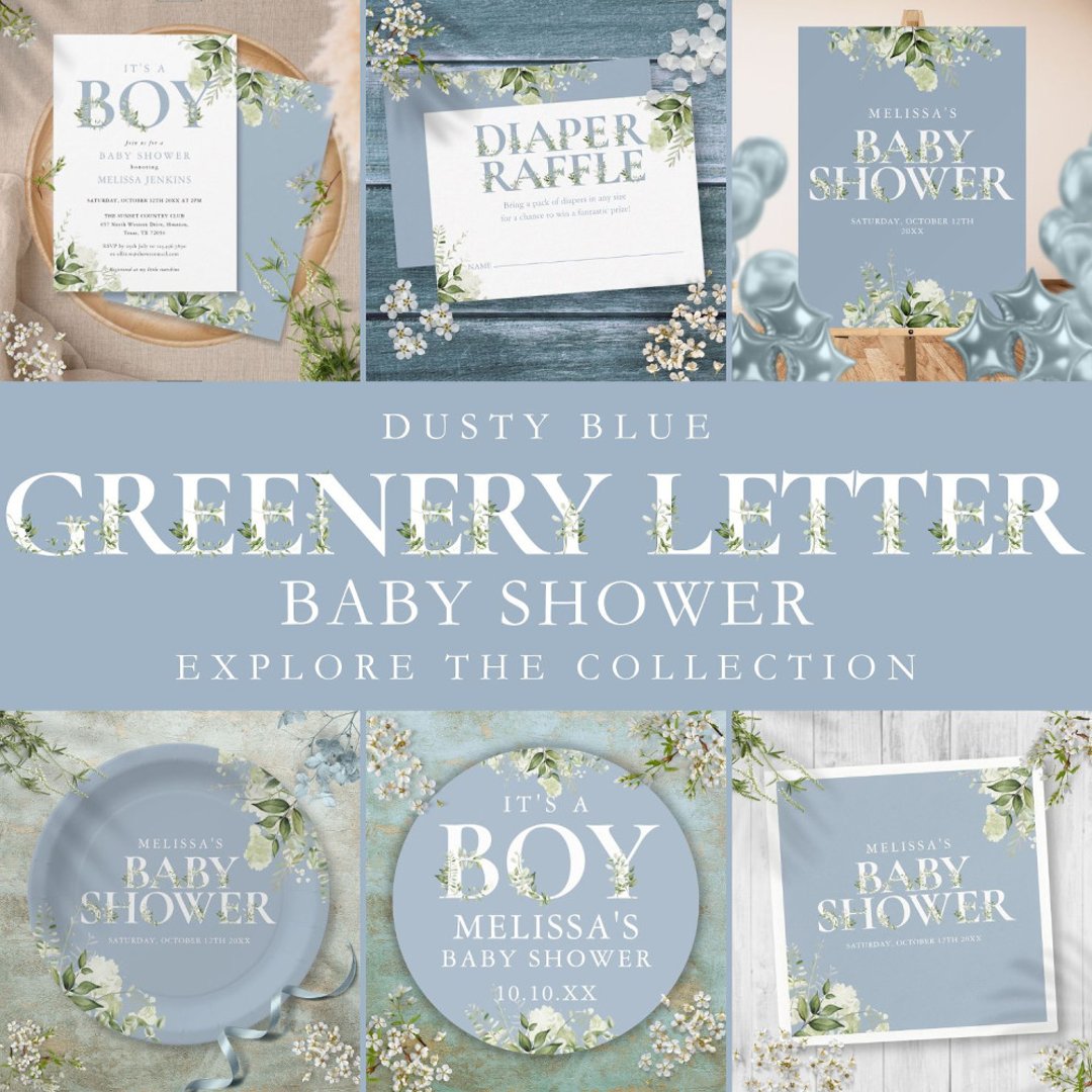 Dusty Blue Its A Boy Greenery Letter Baby Shower Invitation | Zazzle