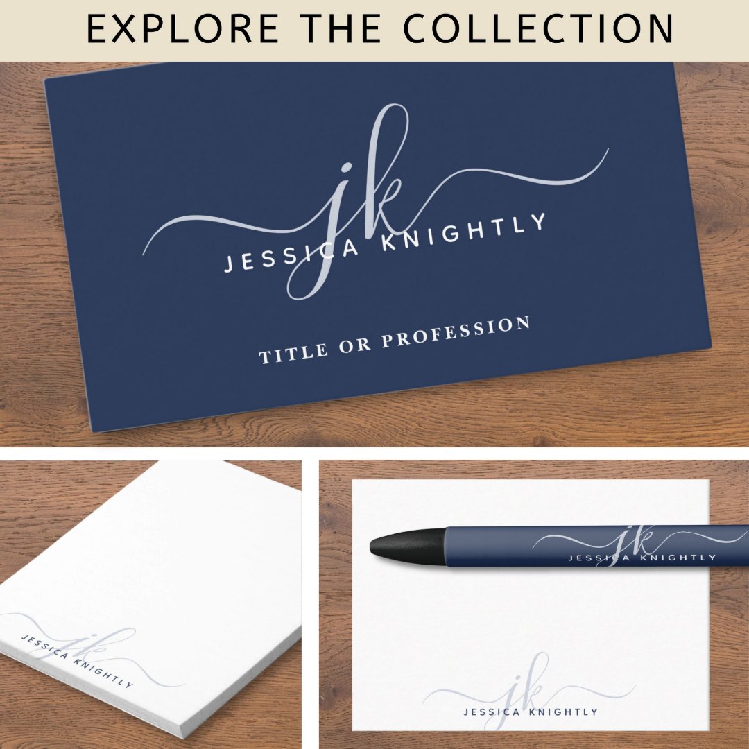 Modern Script Monogram Initials Minimal Navy Blue Note Card | Zazzle