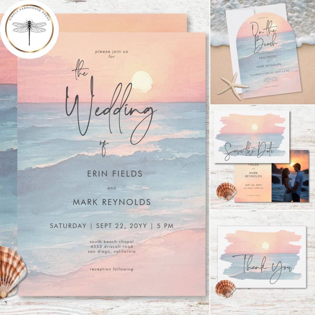 Modern Ocean Sunset Watercolor On Beach Wedding Invitation | Zazzle