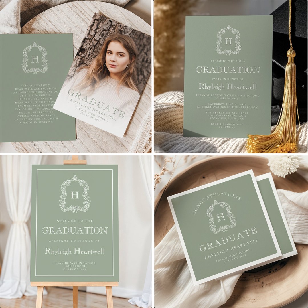 Elegant Monogram Crest Sage Green White Graduation Thank You Card | Zazzle