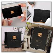 Elegant luxury black leather copper gold monogram business card