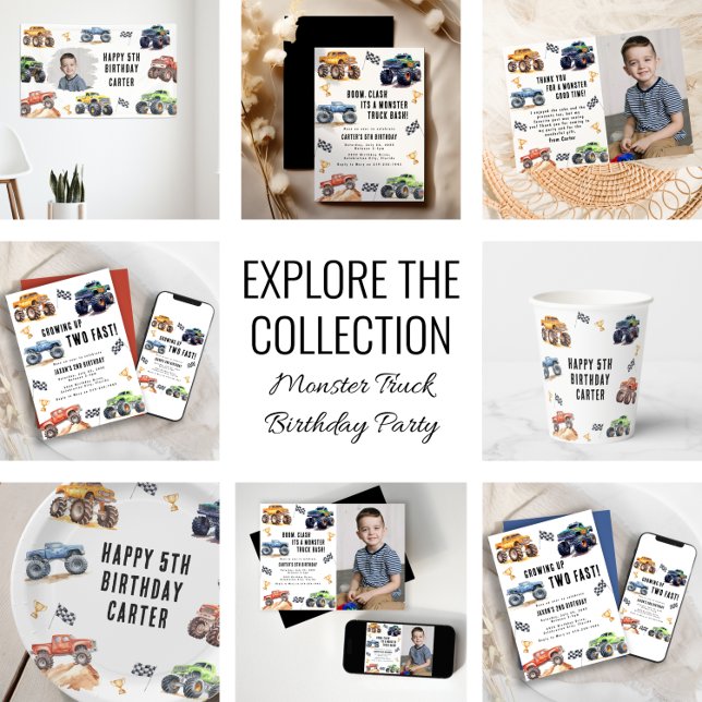 Modern Kids Monster Trucks Birthday Party Invitation