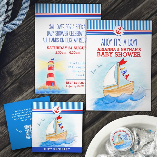 Baby shower nautical sail boat blue red custom favor tags Zazzle - Main Image