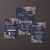 Navy Blue and Rose Gold Floral Wedding Invitation (Personalise this independent creator's collection.)