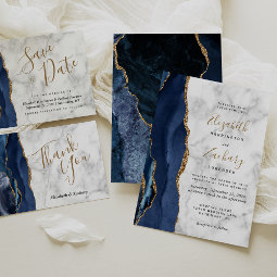 Budget Navy Blue Gold Agate Marble Wedding Invite | Zazzle