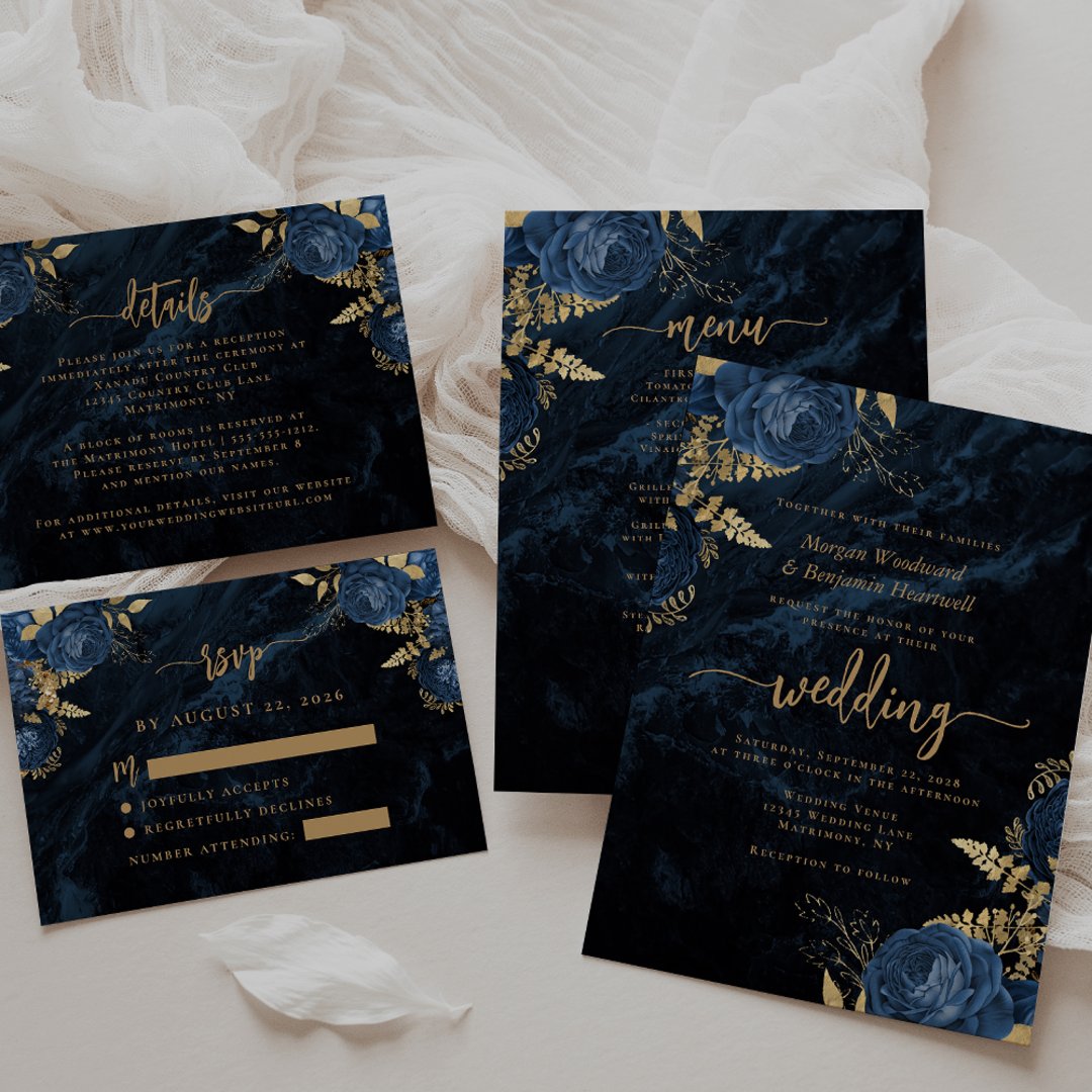 Elegant Navy Blue Gold Floral Wedding Invitation | Zazzle