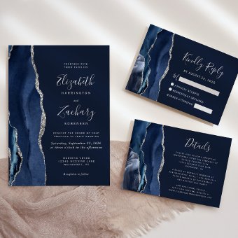 Modern Navy Blue Silver Agate Wedding Invitation | Zazzle