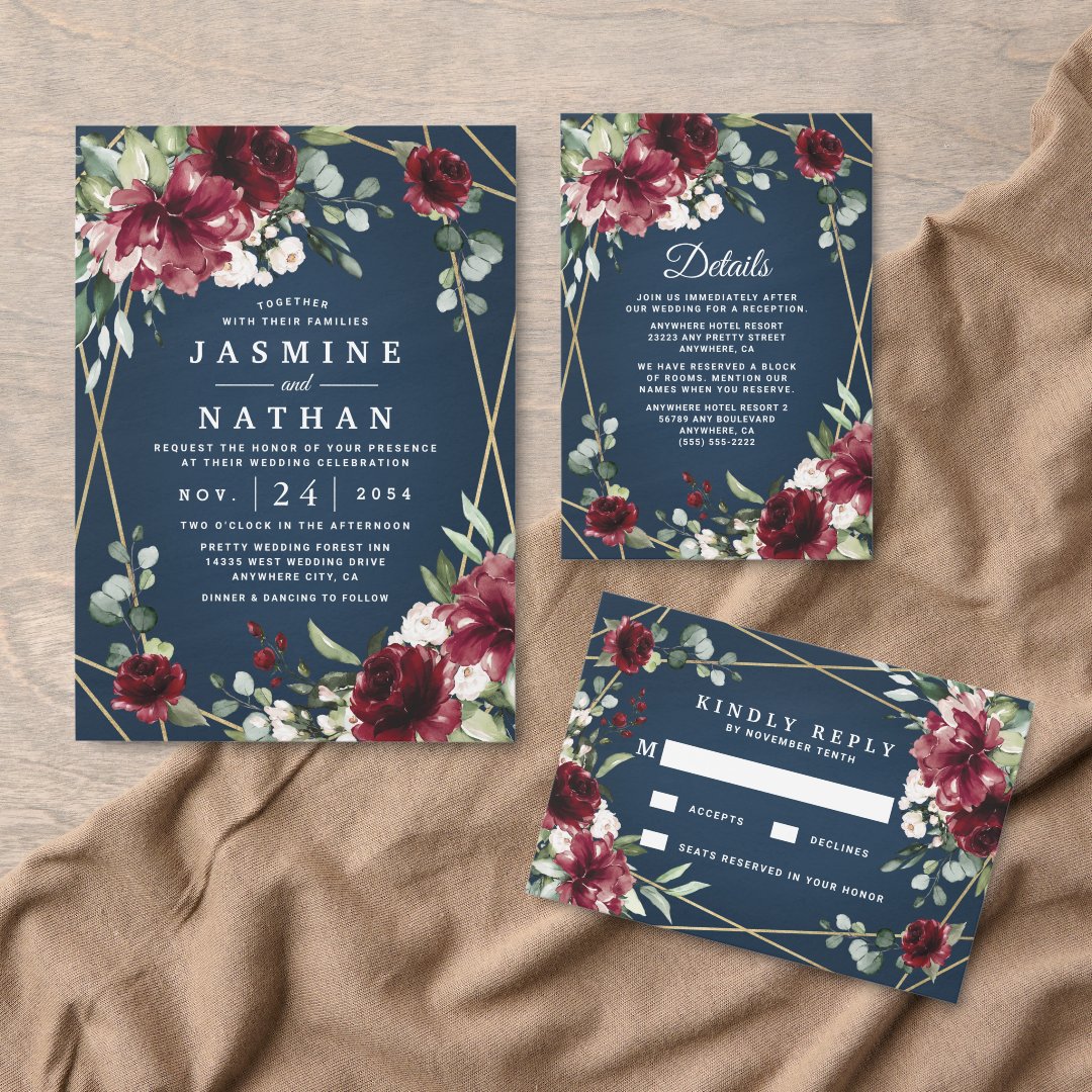 Navy Blue Burgundy Blush Pink Gold Floral Wedding Table Number | Zazzle