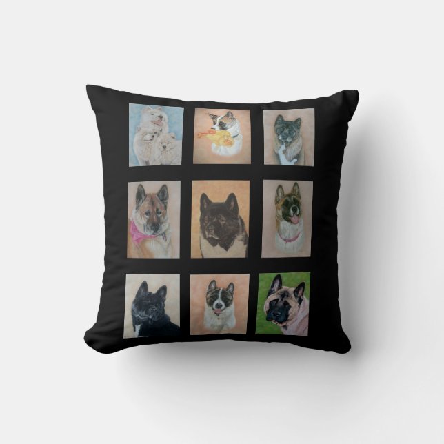 collection of akita dog portrait paintings throw pillow (Front)