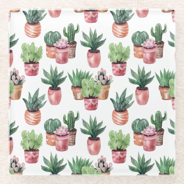 Collection of cacti in pots, watercolor. glass coaster (Front)