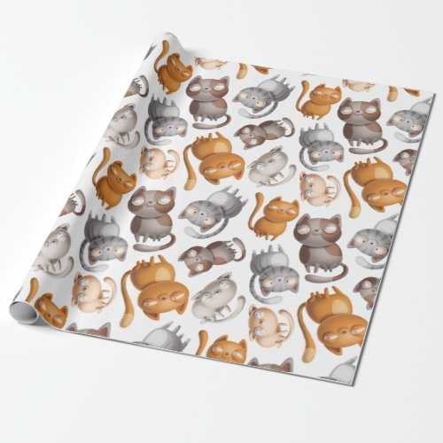 Collection of Cartoon Cats on White Wrapping Paper