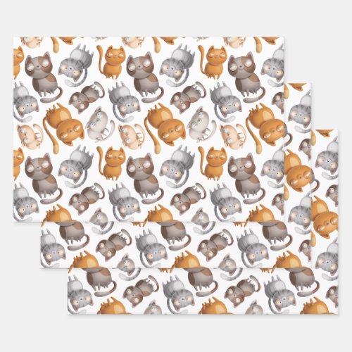 Collection of Cartoon Cats on White Wrapping Paper Sheets