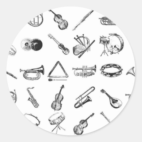 Collection of classical musical instruments classic round sticker