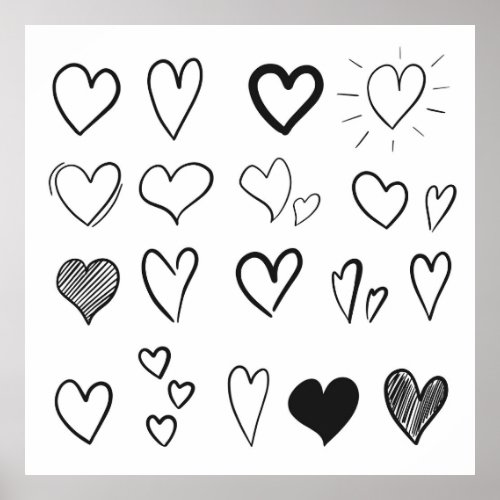 Collection of hand drawn hearts isolated on white  poster