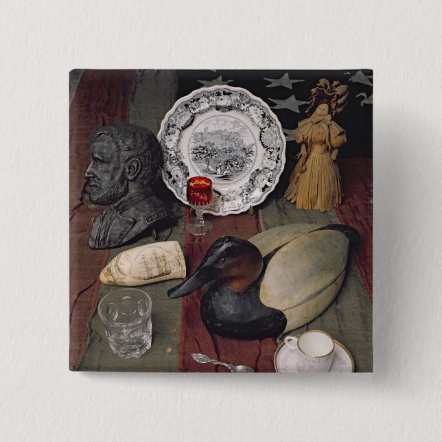 Collection of objects, including a cup pinback button (Front)