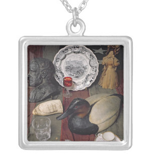 Collection of objects, including a cup silver plated necklace