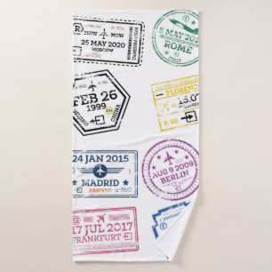 Collection of Passport Stamps Isolated on White. V Bath Towel