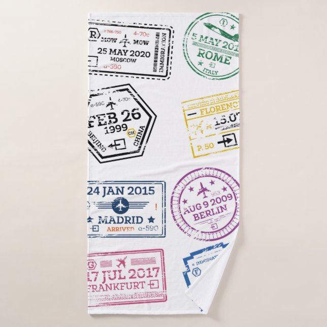 Collection of Passport Stamps Isolated on White. V Bath Towel (Bath Towel)