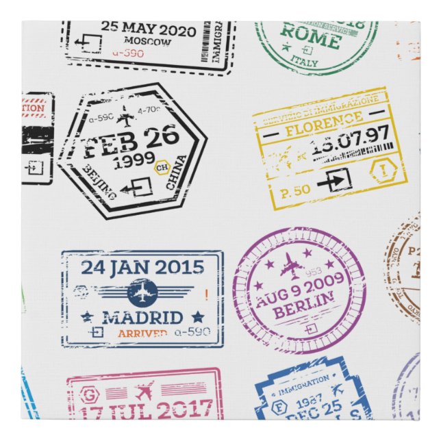 Collection of Passport Stamps Isolated on White. V Faux Canvas Print (Front)