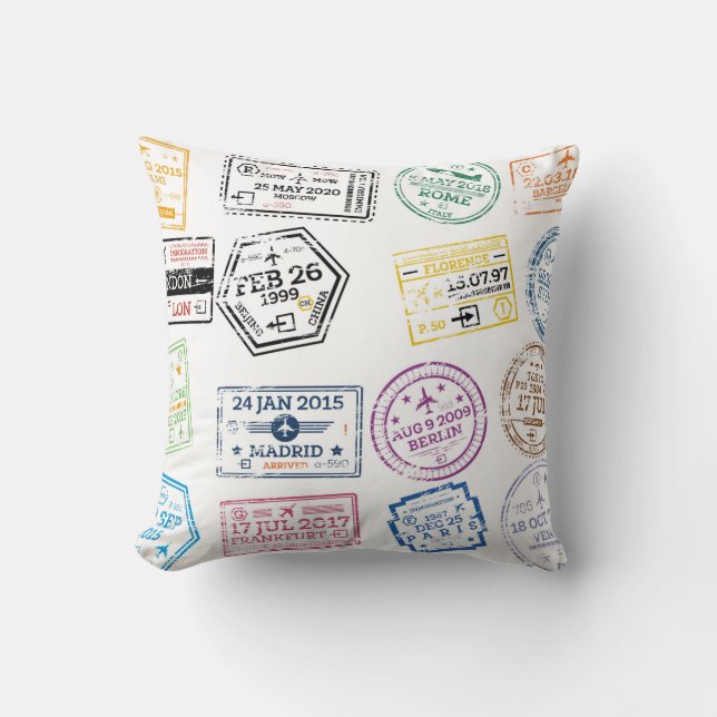 Collection of Passport Stamps Isolated on White. V Throw Pillow (Front)
