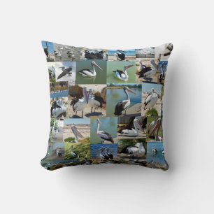 Collection Of Pelicans In A Photo Collage, Throw Pillow