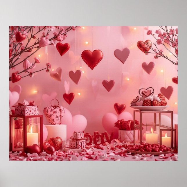 Collection of Pink and Red Hearts on a Modern Wall Poster (Front)