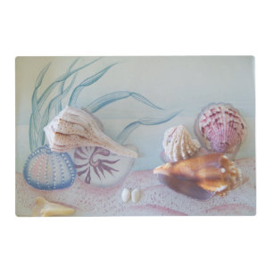 Collection of seashells on a laminated placemat