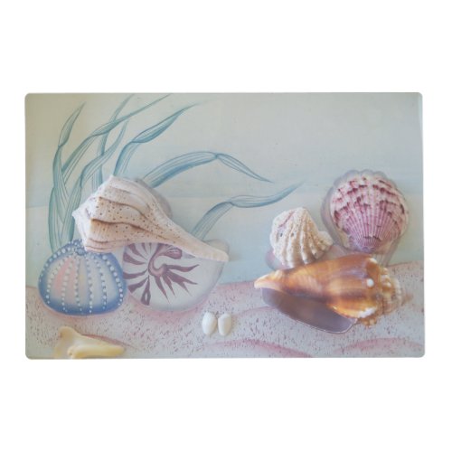 Collection of seashells on a laminated placemat