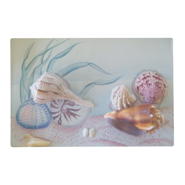 Collection of seashells on a laminated placemat (Front)