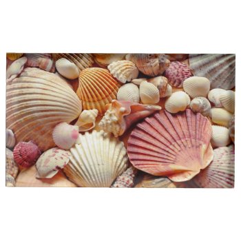 Collection Of Seashells Scallops Clams And Conch Place Card Holder by beachcafe at Zazzle