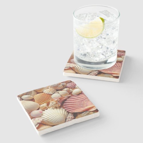 Collection of Seashells Scallops Clams and Conch Stone Coaster