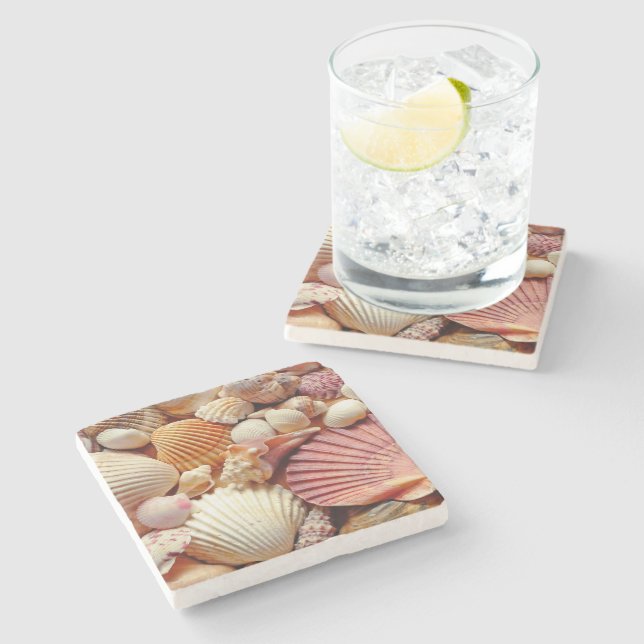 Collection of Seashells Scallops Clams and Conch Stone Coaster (Side)
