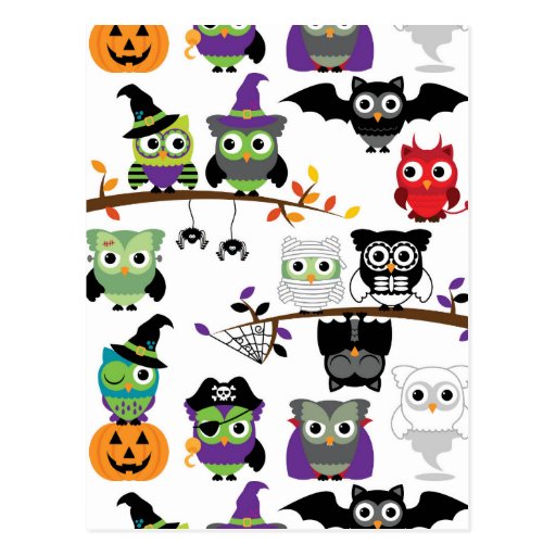 Collection Of Spooky Halloween Owls Postcard | Zazzle