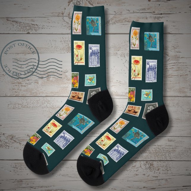 Collection of stamps, on fern green socks (Creator Uploaded)