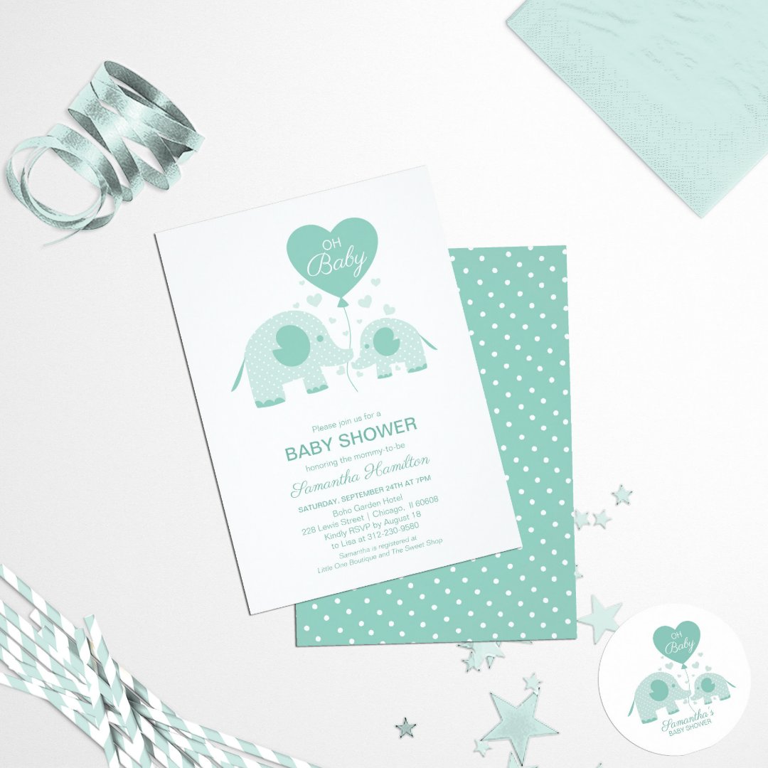 Adorable Mint Green Elephant Baby Shower Invitation | Zazzle