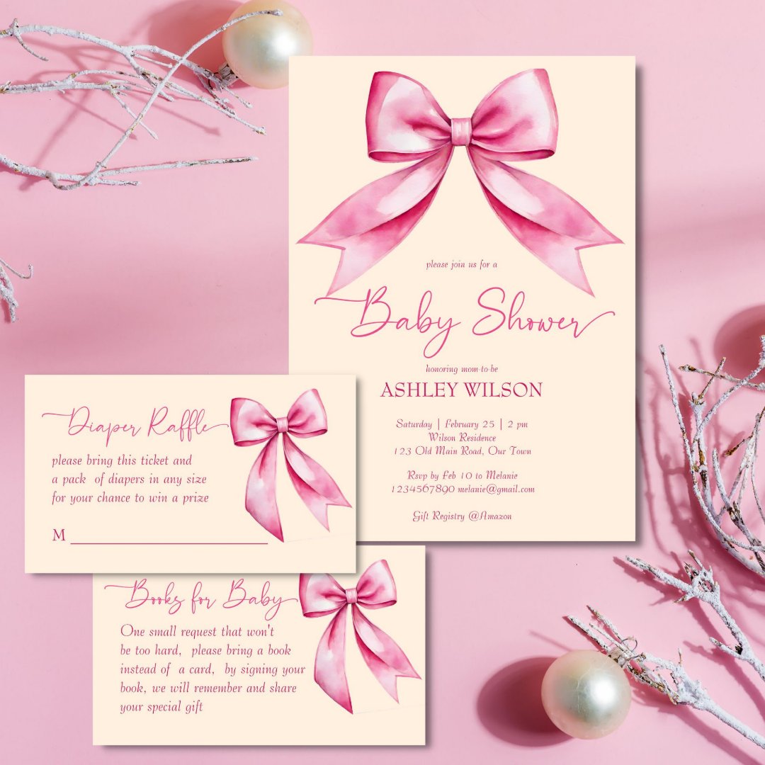 Pink bow ribbon baby shower cute elegant invitation | Zazzle