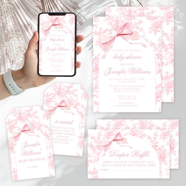 French Pink Toile Bow Baby Girl Shower Photo Invitation Zazzle