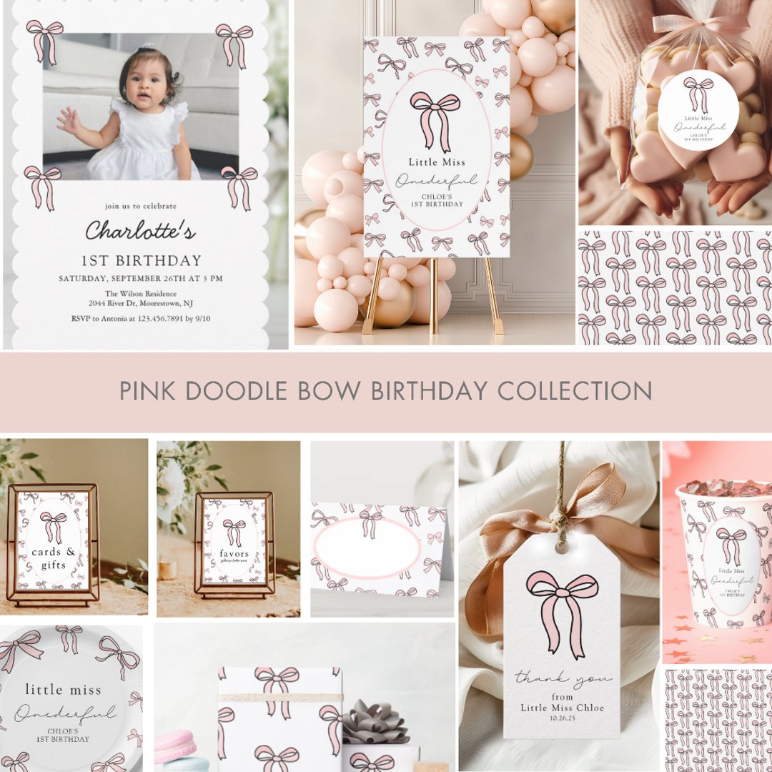 Pink Doodle Bow Baby Girl 1st Birthday Invitation | Zazzle