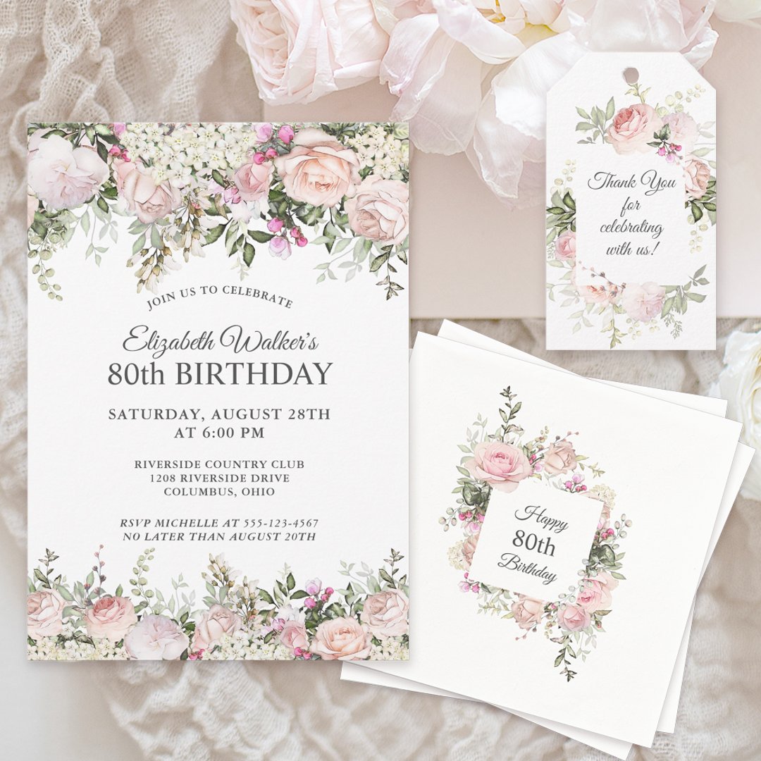 Happy 80th Birthday Feminine Pink Roses Floral Banner | Zazzle