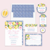Watercolor Italian Lemons Blue Tile Wedding Shower Invitation