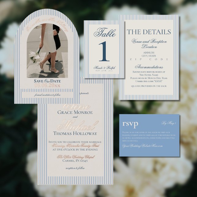 Old Money Script Blue Stripe Photo Save the Date Foil Invitation




