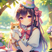 Pretty Anime Holding Kitten Girl's Birthday Sugar Cookie