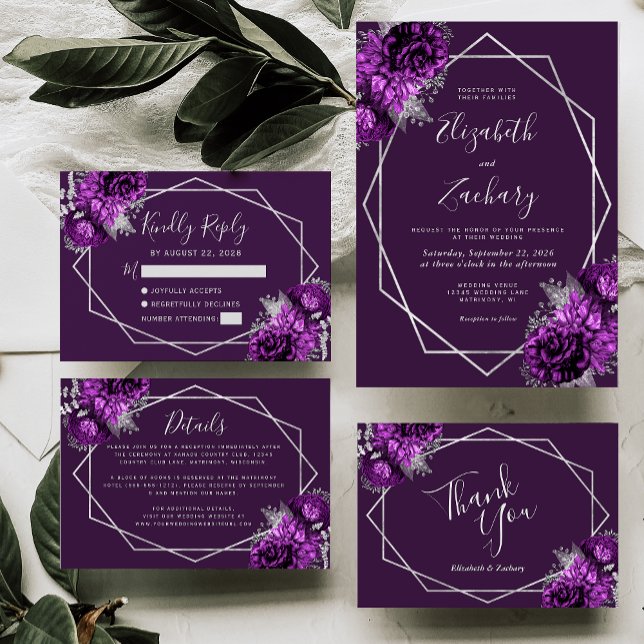 Plum Purple Silver Floral Geometric RSVP Card | Zazzle