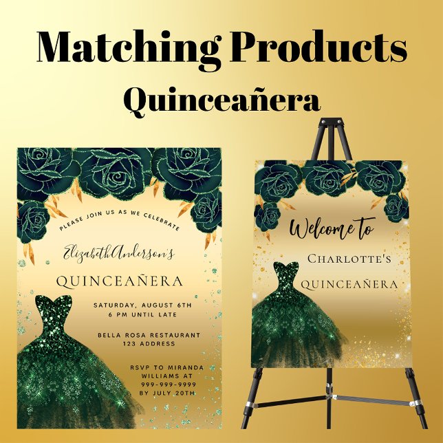 Quinceanera emerald green gold dress flowers save the date | Zazzle Quinceanera emerald green gold dress flowers save the date | Zazzle