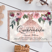 Trendy Floral Rose Gold Gown Quinceañera Invitation