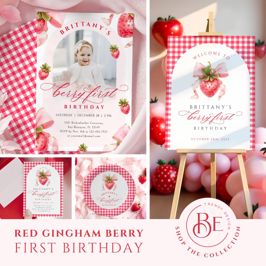 Red Gingham Berry First Birthday Welcome Sign | Zazzle
